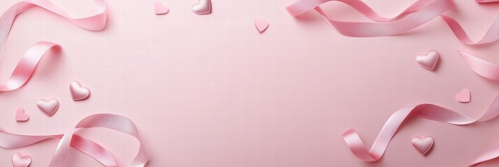 Poster - Decorative arrangement of pink heart shapes and ribbons on a soft pastel pink background for celebration or event. Generative AI