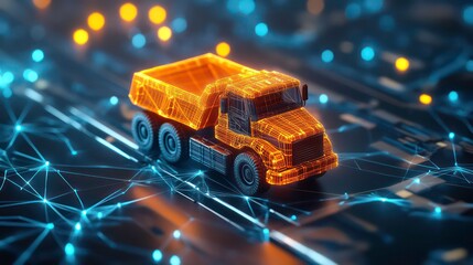 Poster - Miniature dump truck model on digital network road.