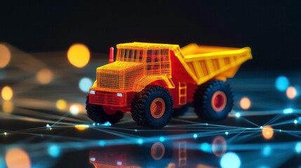 Poster - Miniature dump truck model on network background.