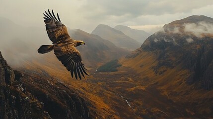 Wall Mural - a majestic bird of prey soars above a stunning mountain range, with a cascading waterfall framing th