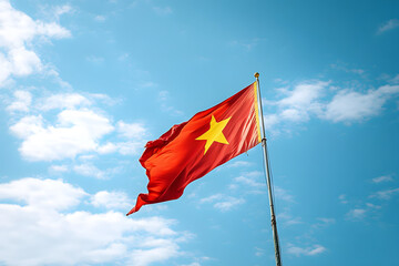 Wall Mural - Waving flag of Vietnam in blue sky. Vietnam flag for Republic Day and Independence Day.