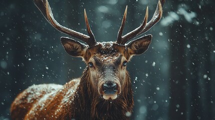 Wall Mural -   A close-up of a deer wearing antlers and snow falling on its fur