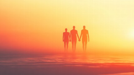 Aufkleber - Silhouettes of people holding hands create an abstract scene during a vibrant sunset over calm waters. Generative AI