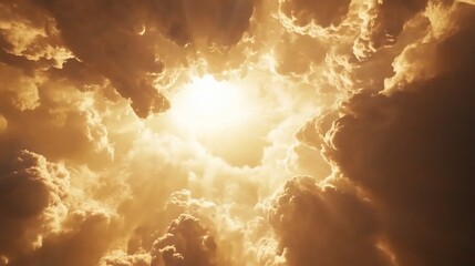 Wall Mural - Golden Sunbeams Bursting Through Fluffy Clouds in a Divine Sky View of Golden Hour