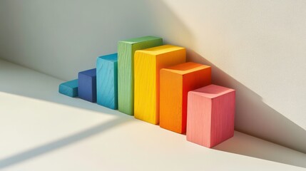 Poster - Colorful wooden blocks forming an ascending graph against a white wall, illuminated by sunlight.