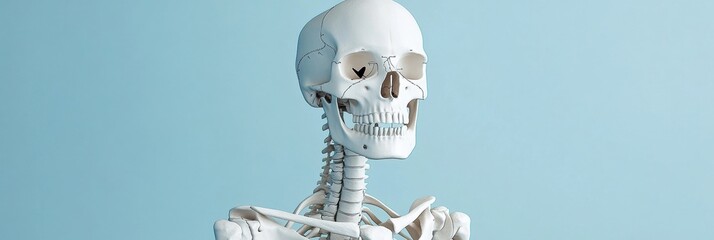Poster - Human skeleton model displayed for educational purposes in a bright studio environment with a blue background. Generative AI