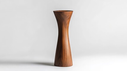 Poster - Hourglass-shaped, dark brown wooden vase on white background.