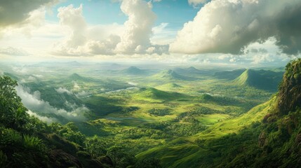 Wall Mural - Serene Mountain Valley Panorama: A Breathtaking View of Lush Green Hills, Rolling Terrain, and Misty Clouds