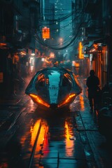 Canvas Print - Futuristic train in a vibrant, wet urban alley at night.