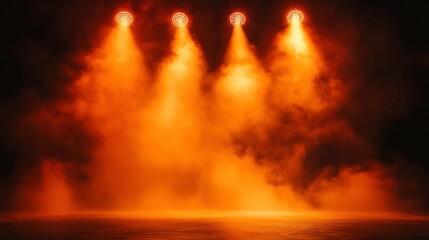 Aufkleber - Three orange spotlights illuminate a smoky stage.