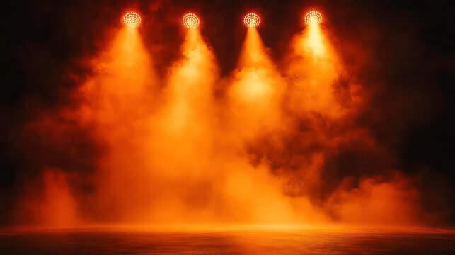 three orange spotlights illuminate a smoky stage.