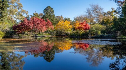 Wall Mural - Autumnal Reflections: A Serene Garden Pond