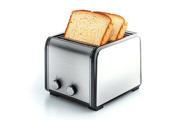 Poster - Modern stainless steel toaster with two slices of bread isolated on a white background