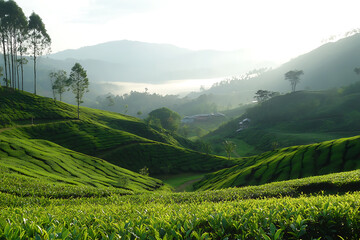 Aufkleber - Picturesque tea plantation isolated on a white background