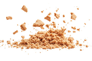 Poster - Pile cake crumbs, cookie pieces flying isolated on a white background