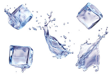 Poster - Set of flying melting ice cubes isolated on a white background