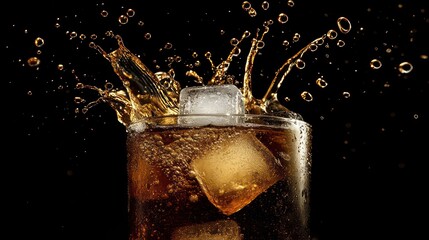 Poster - Close-up of cola drink with ice cubes splashing.