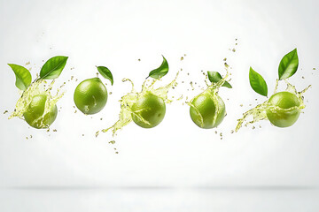 Aufkleber - Set of fresh delicious limes splashing with leaves isolated on a white background