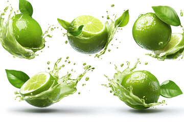 Aufkleber - Set of fresh delicious limes splashing with leaves isolated on a white background