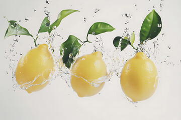 Poster - Set of fresh delicious lemons splashing with leaves isolated on a white background