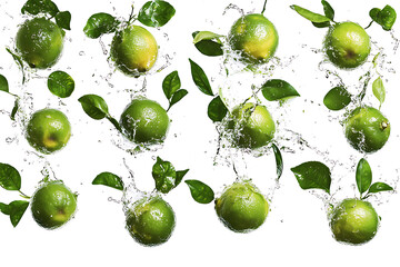 Poster - Set of fresh delicious limes splashing with leaves isolated on a white background