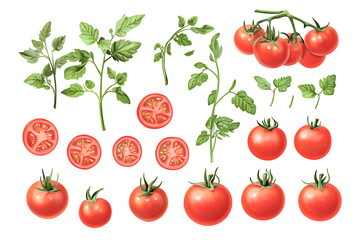 Poster - Set of fresh delicious tomatoes with leaves isolated on a white background