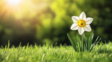 Wall Mural - Single Daffodil in a Sunny Meadow