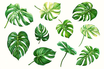 Aufkleber - Set of green monstera leaves isolated a white background