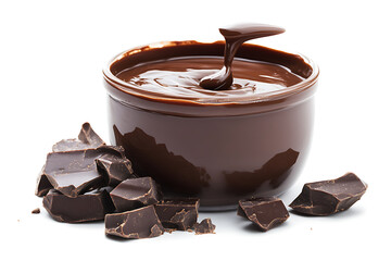 Poster - Pouring chocolate dripping from top, wide isolated a white background