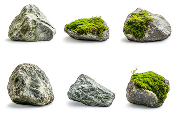 Poster - Set of moss-covered rocks in natural settings isolated a white background