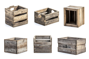 Poster - Set of old weathered wooden crate boxes isolated a white background