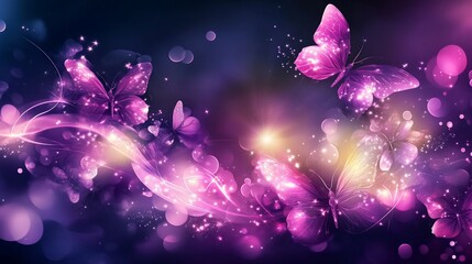 Poster - Enchanting butterflies flutter in a magical realm of purple hues and sparkling lights