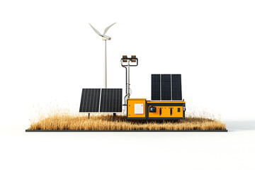 Poster - Remote renewable energy setup with solar panels and wind turbine isolated a transparent background