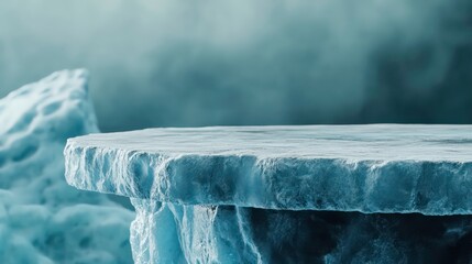 Poster - Icy blue stone platform on a foggy background.