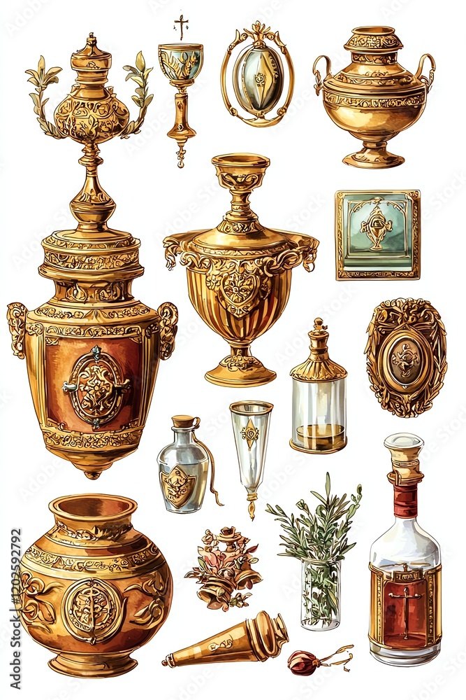 Detailed illustration of sacred vessels, mandatum symbols, holy oils ...