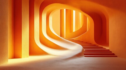 Wall Mural - Abstract orange architecture with curved staircase and sunlight.