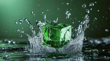 Poster - Green ice cube splashing into water, creating a dynamic crown splash with droplets.