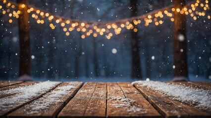 Wall Mural - Rustic wood board mockup surface with gold bokeh string lights and snowy forest landscape background