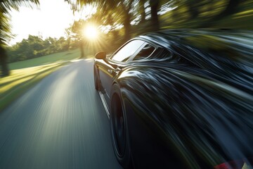 Poster - Dynamic motion of a fast car on a scenic road with sun rays and green landscape reflections