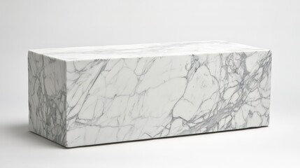 Poster - Rectangular white marble coffee table with gray veining, isolated on white background.
