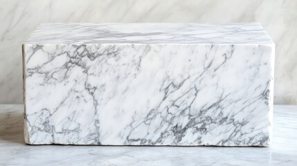 Poster - White marble block, rectangular shape, grey veining, smooth surface, isolated on white background.
