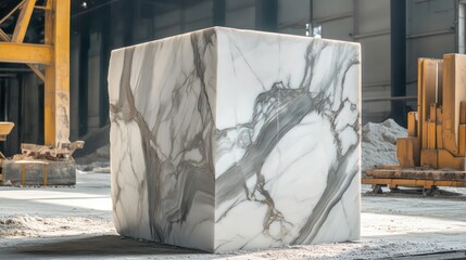 Poster - Large block of white marble with grey veining sits on a factory floor.