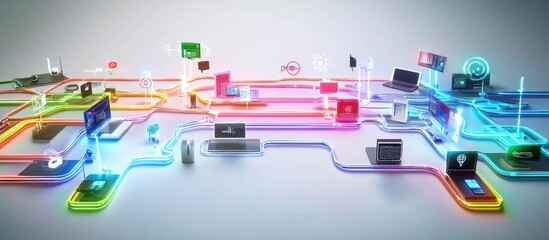 Global network data flow; digital devices connected; glowing lines; white background; tech concept