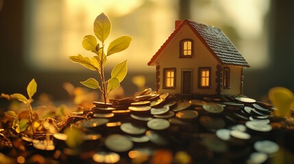 house model on coins, plant growing, sunrise. real estate investment growth concept