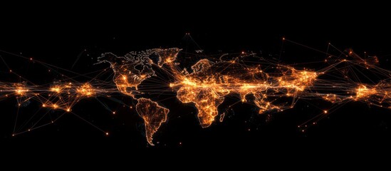 Global network connections glowing map, dark background, data visualization