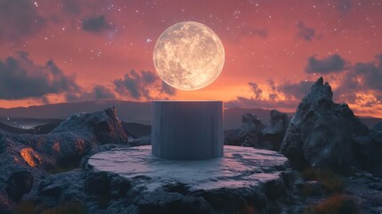 Poster - Surreal moonlit scene with a cylindrical pedestal on rocky outcrop.