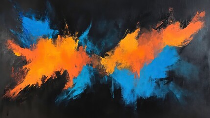 Poster - Abstract painting with blue and orange splashes on black canvas.