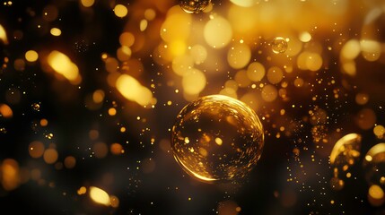 Poster - Golden bubbles and bokeh lights float in dark background.