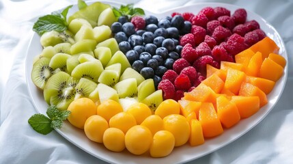 Poster - Heart-shaped platter of fresh cut kiwi, cantaloupe, blueberries, raspberries, and melon balls.