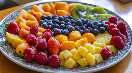 Poster - Colorful fruit platter with apricots, raspberries, blueberries, kiwi, pineapple, and strawberries arranged on a decorative plate.